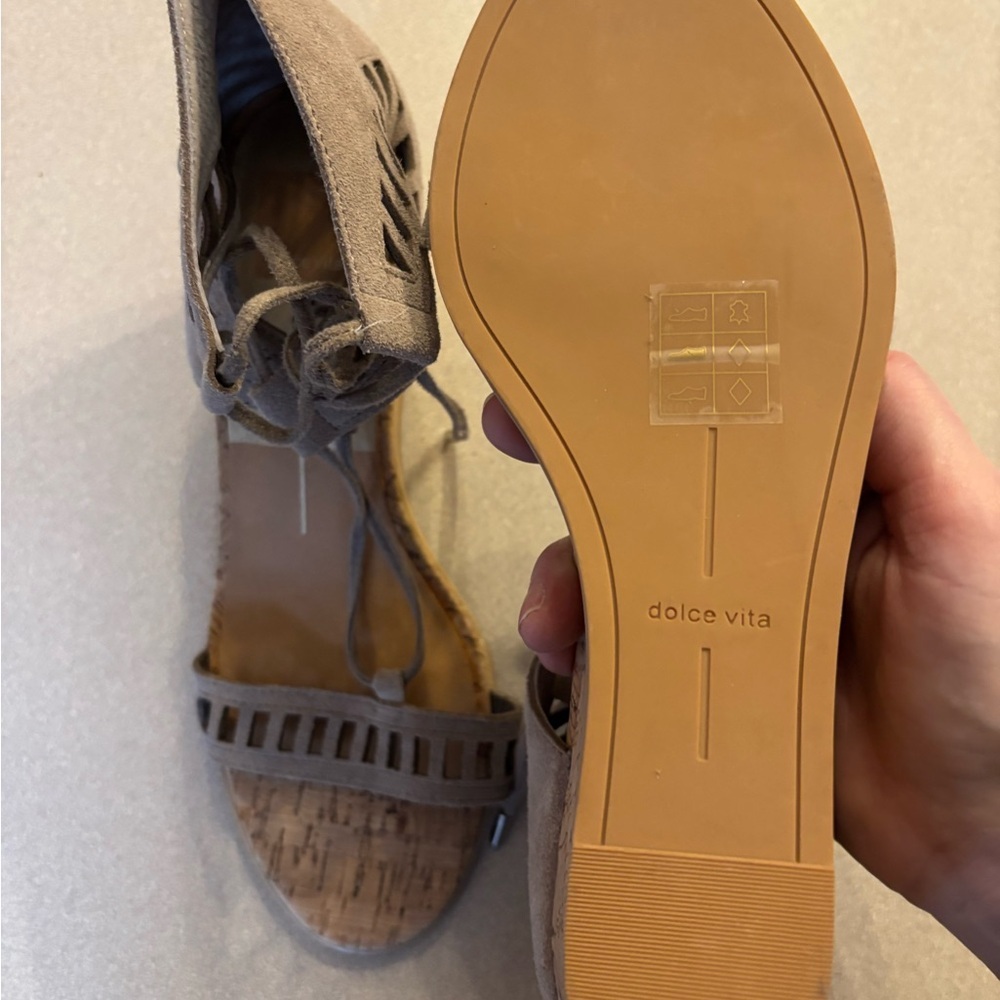 Dolce Vita Loraine Ghillie Beige Lace-Up Gladiator Wedges - Picture 8 of 9